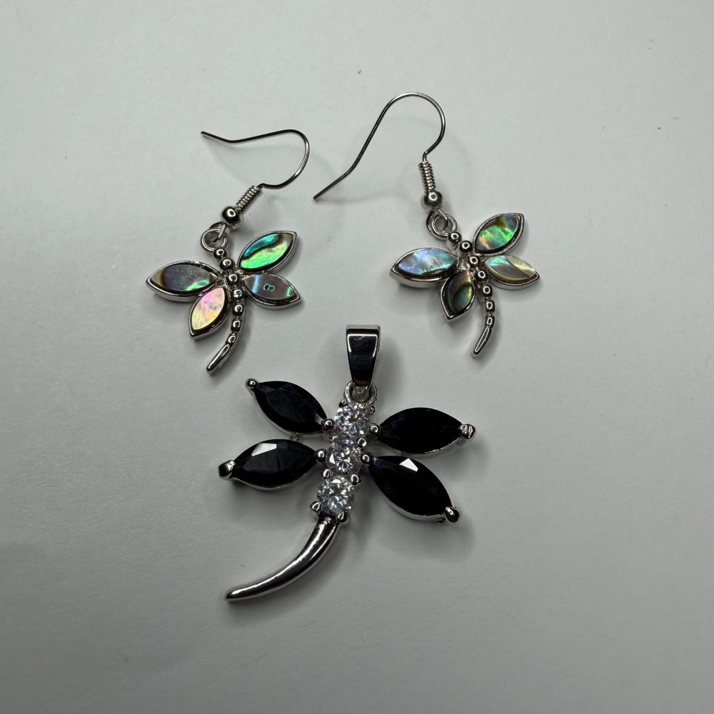 Unbranded Jewelry Set Silver Dragonfly Abalone Black Stone Women's Earring Charm